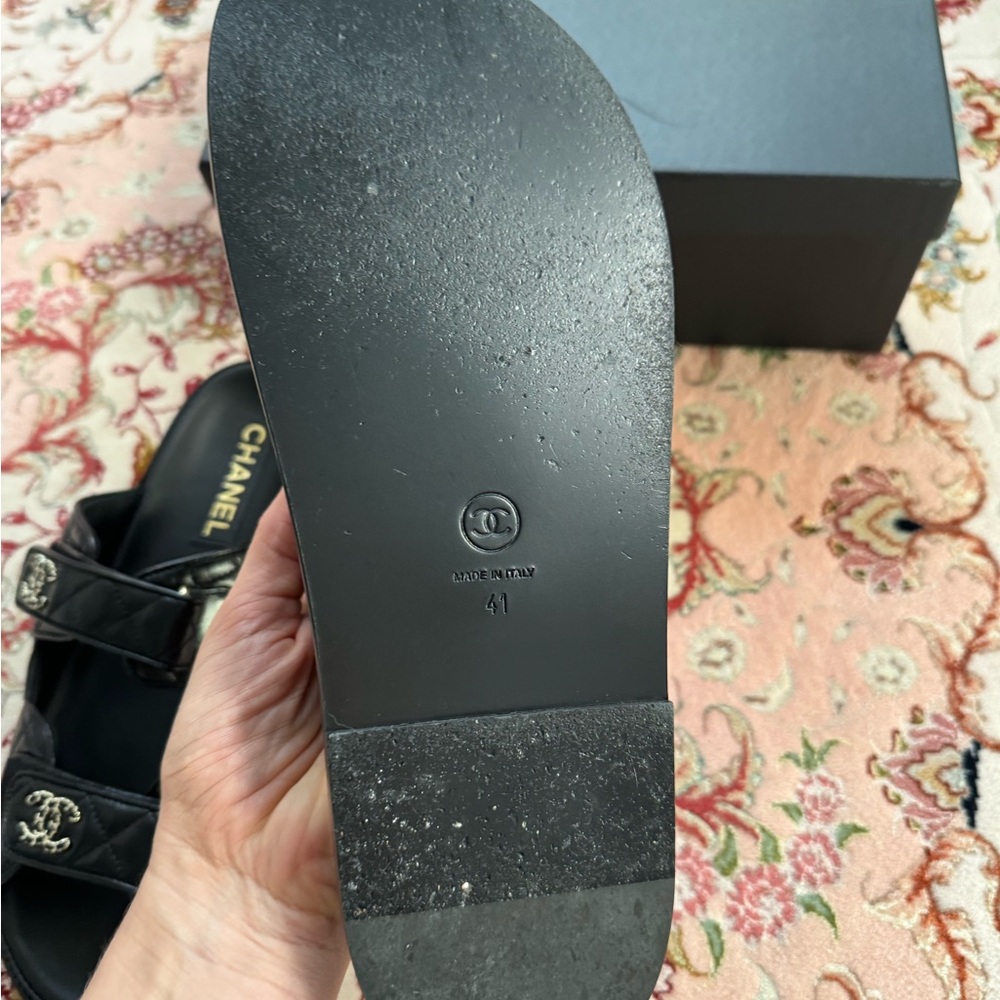 CHANEL Black Sandals with Silver Logo - Picture 9 of 14